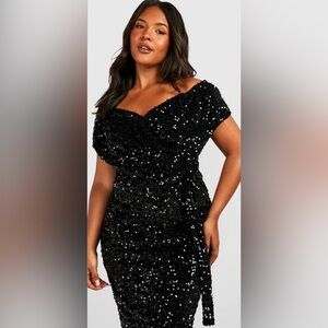 NWT Boohoo Plus Black Sequin Off The Shoulder Wrap Midi Dress Size 20